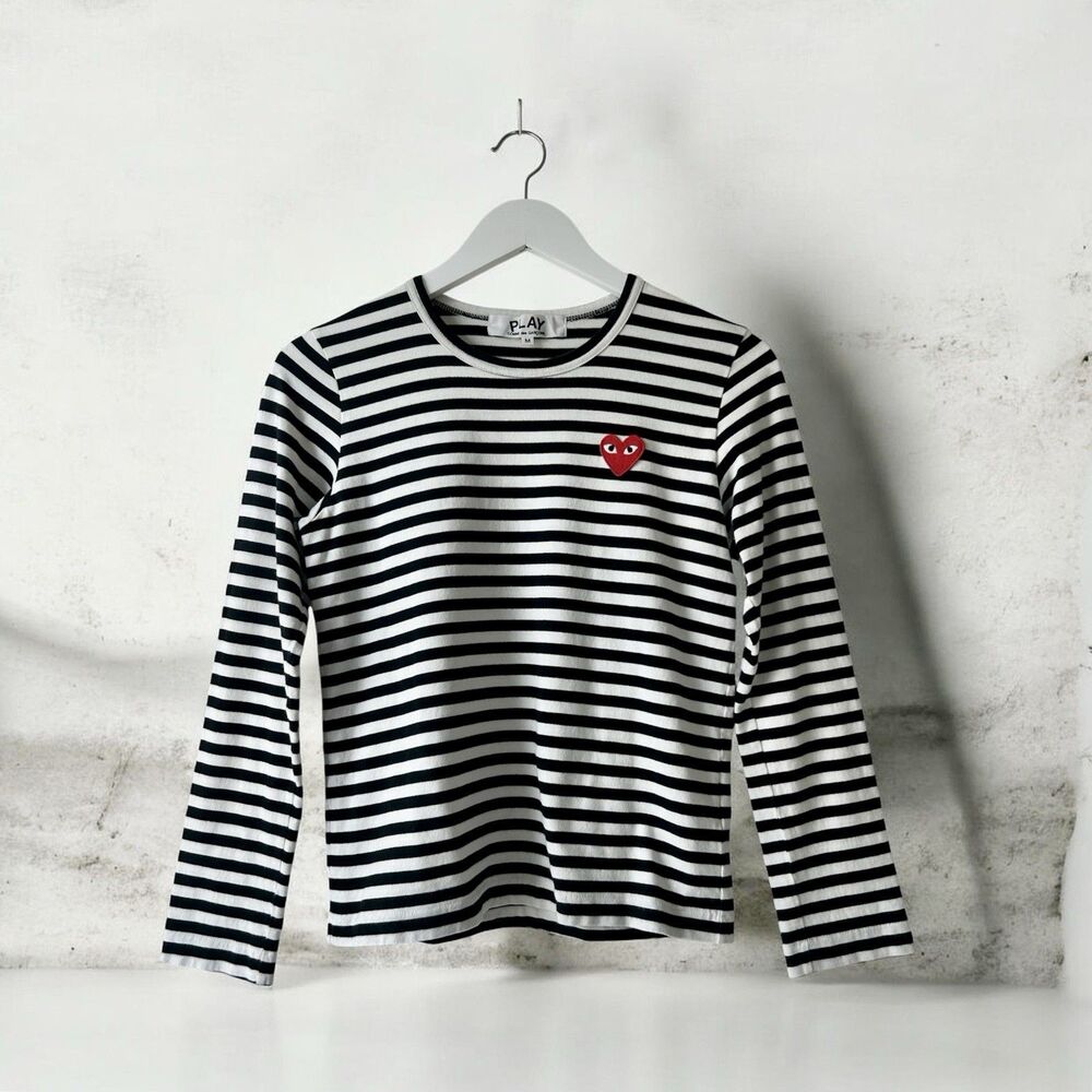 Comme Des Garcons Play Black White Stripe Long Sleeve Heart Logo Tee Sz M Retro